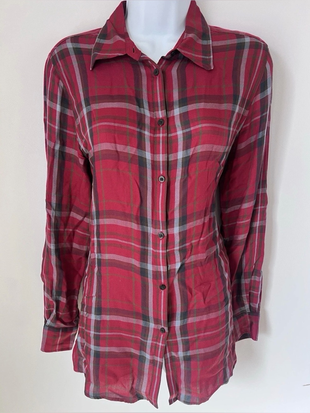 Lauren Ralph Lauren Women (S) Plaid Roll-Tab-Sleeve Twill Shirt Red 100% Viscose